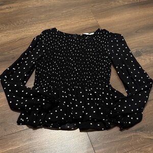 Zara Polka Dot Blouse Small Black White Ruffle Peplum Long Sleeve Sheer Chic